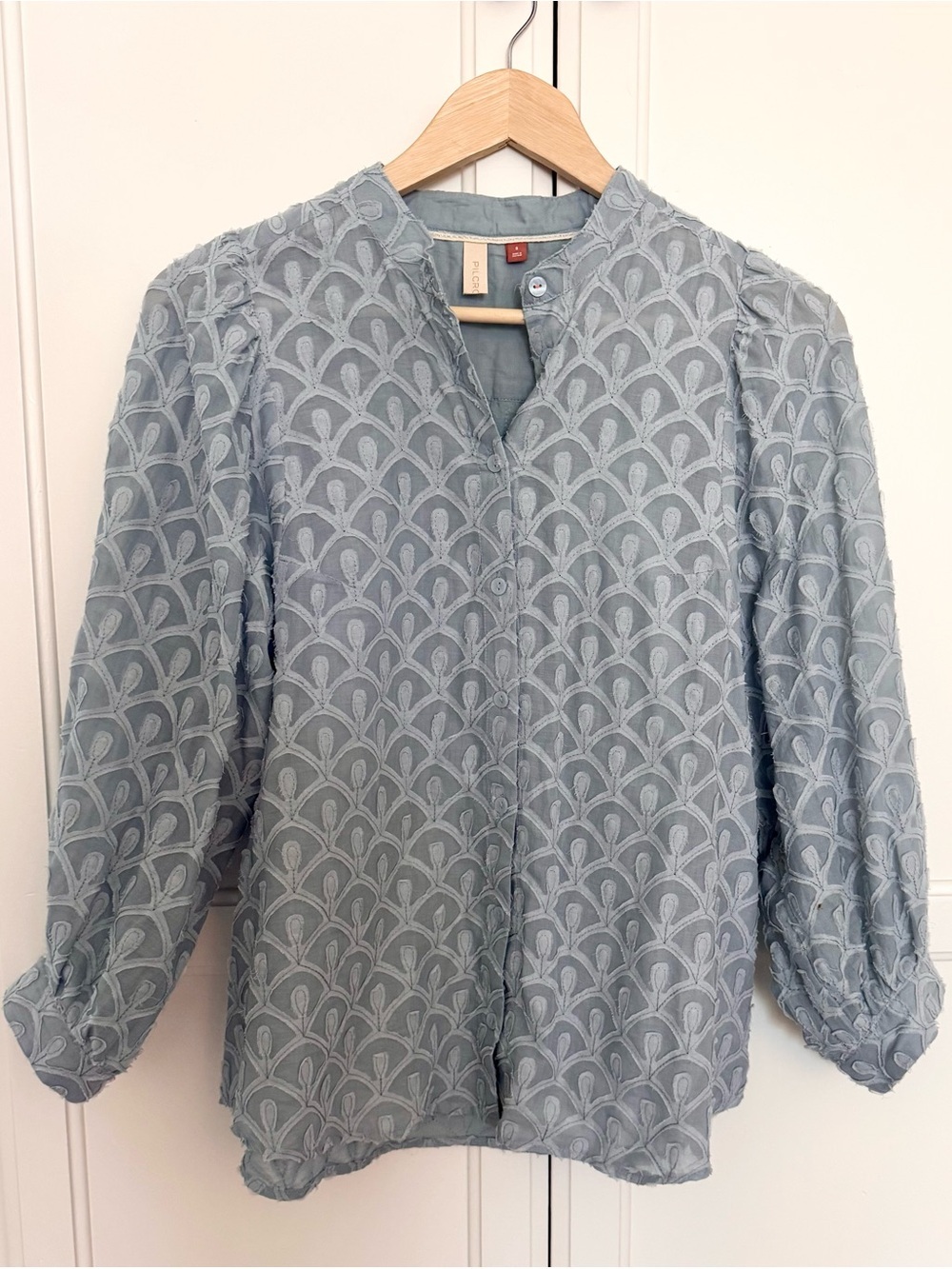Pilcro Anthropologie Blue Embroidered Sheer Cotton Button Front Blouse Sz Small - Picture 6 of 13